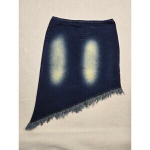 Denim Skirt Asymmetrical Frayed Hem Dark Wash Bleach Detail
